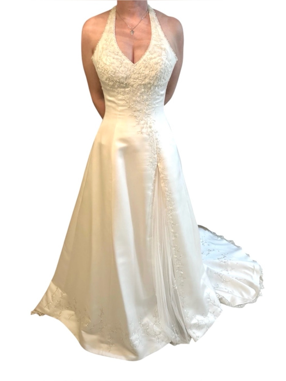 Maggie Sottero Halter Wedding Dress Custom Scallop Lace Trim Crystal Beading